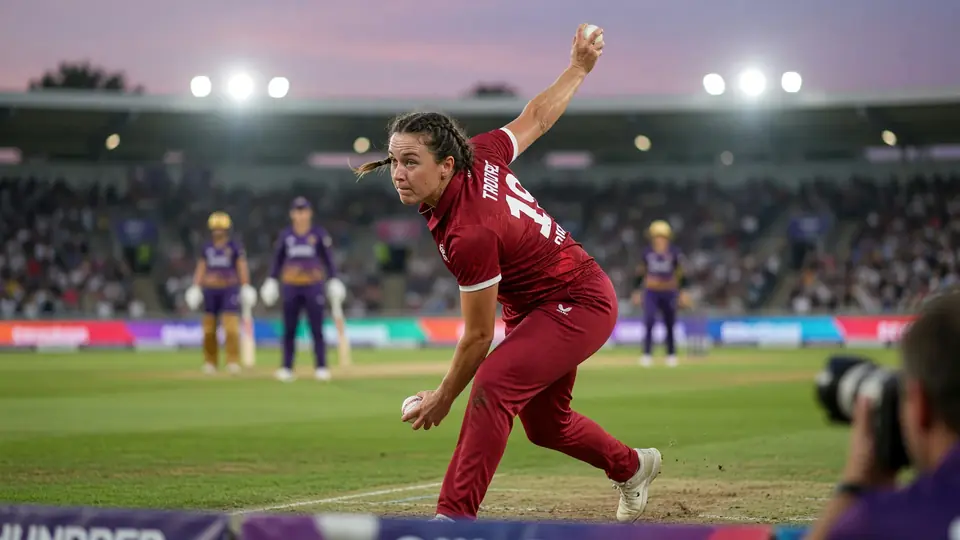 Close sideline action of a women's Hundred batter driving through the off side during a powerplay set